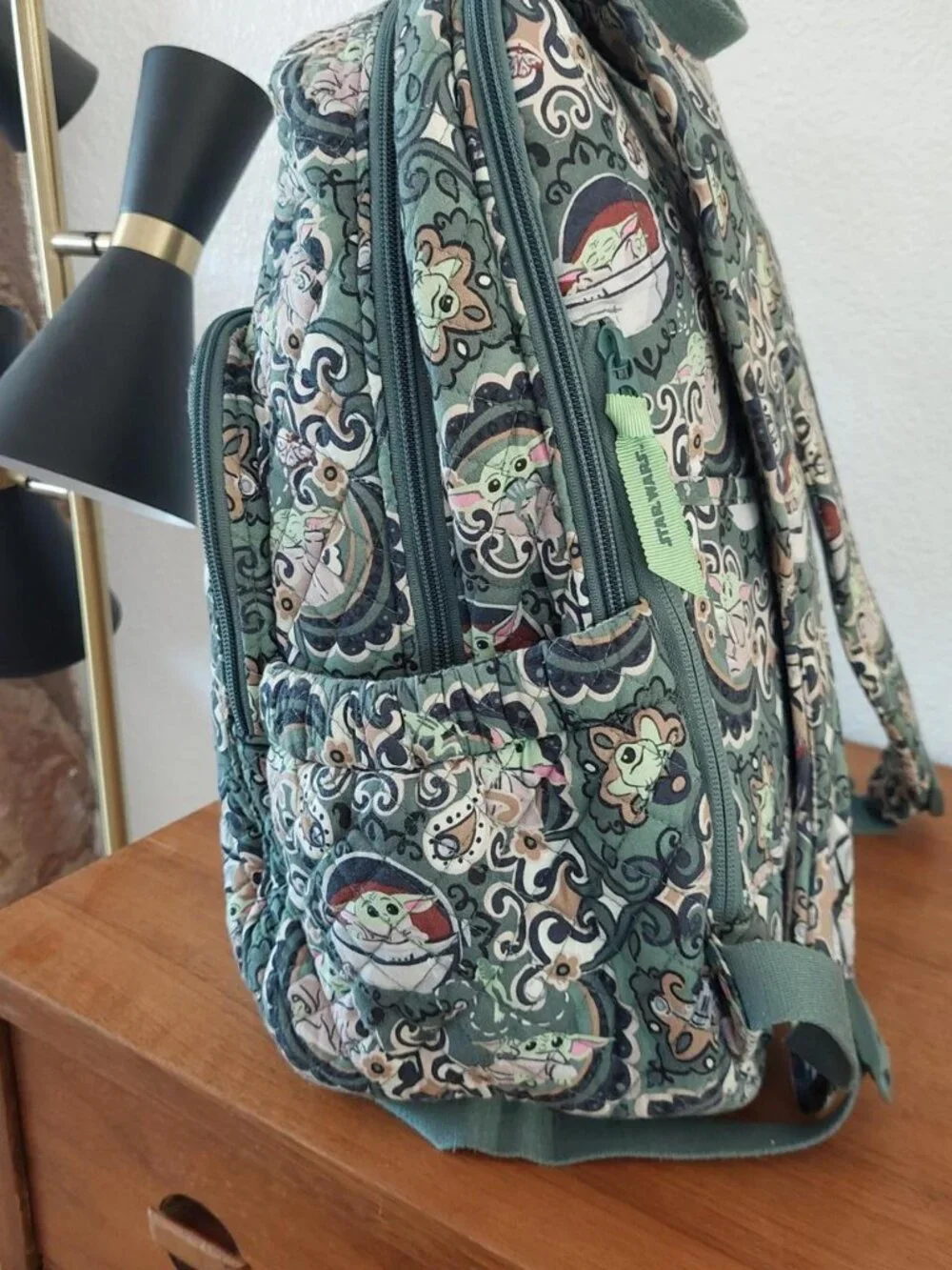 Vera Bradley Star Wars Grogu medallion backpack with repeating cartoon character